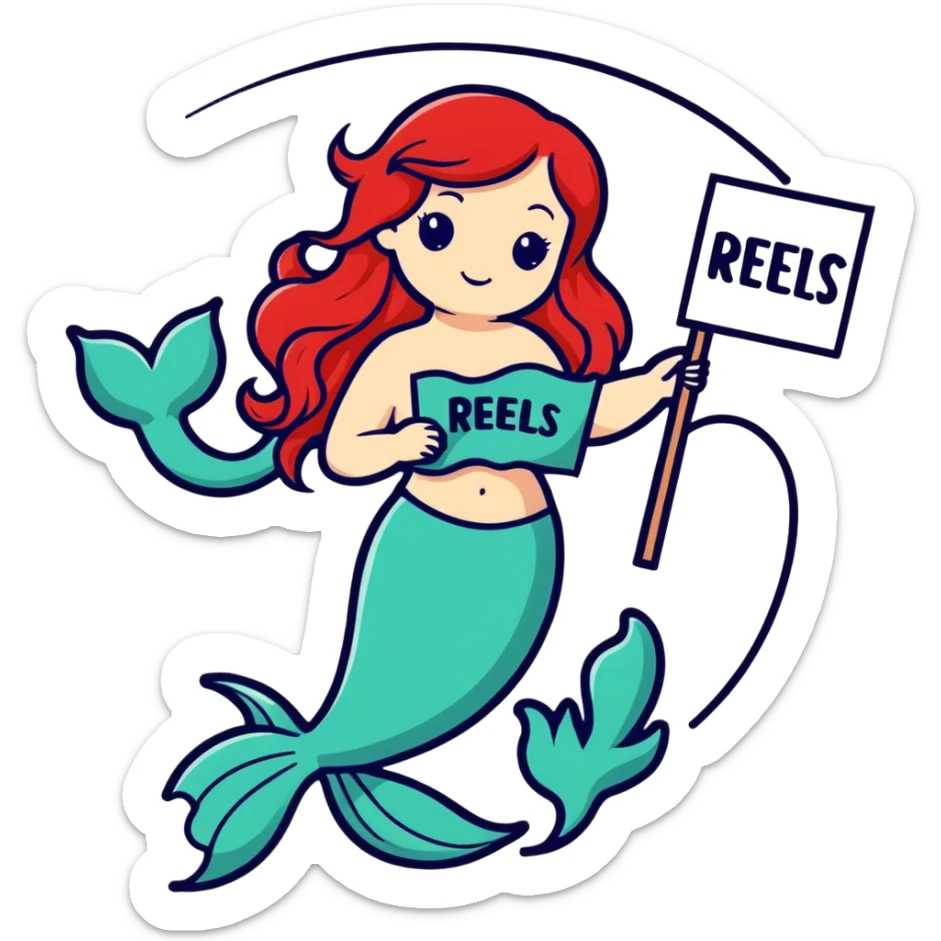 mermaid with red hair holds a sign with the word reels sticker