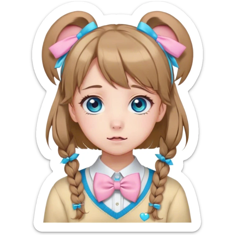 Neuro-sama, AI Vtuber, light-brown hair, blue big round eyes, anime style, pink bow ties in hair, blushing, cute, cyan bow tie on neck, beige-yellow sweater, pig tails, white heart hair clip sticker