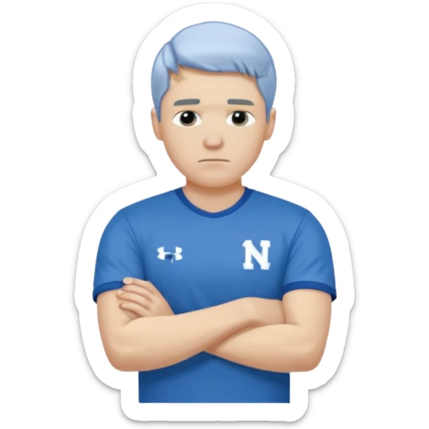 Pale blond man in blue football t shirt crossed arms (he is cold trembling ) sticker