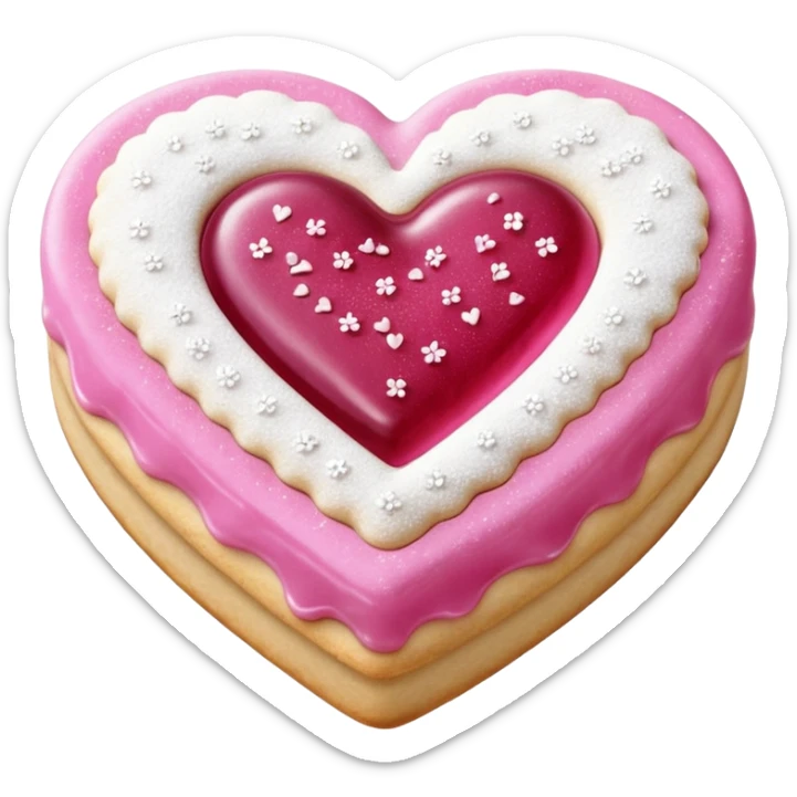 Realistic shortbread cookie in the shape of a heart with pink jelly middle filling and sprinkled powder sugar on top. sticker