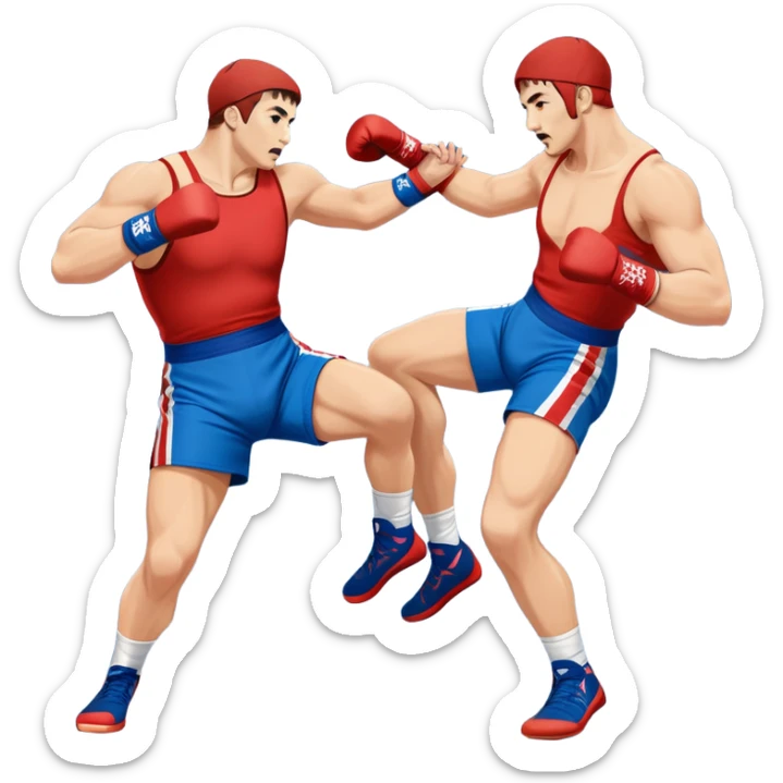 Two Sambo fighters in blue and red gis with shorts and wrestling shoes, executing gripping and throwing techniques. The fighters are engaged in a dynamic, action-packed moment with no strikes. The background features a wrestling mat, focusing on the technique and control. Transparent background  sticker