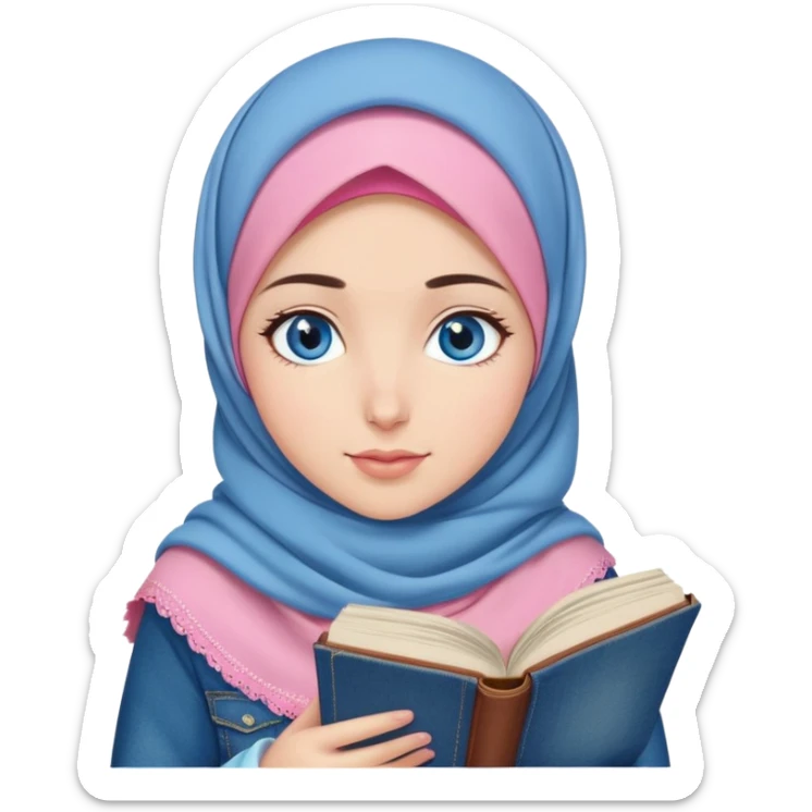 Turkish beautiful finish Konya girl blue eyes with denim and pink hijab islamic dress and reading cozy sticker