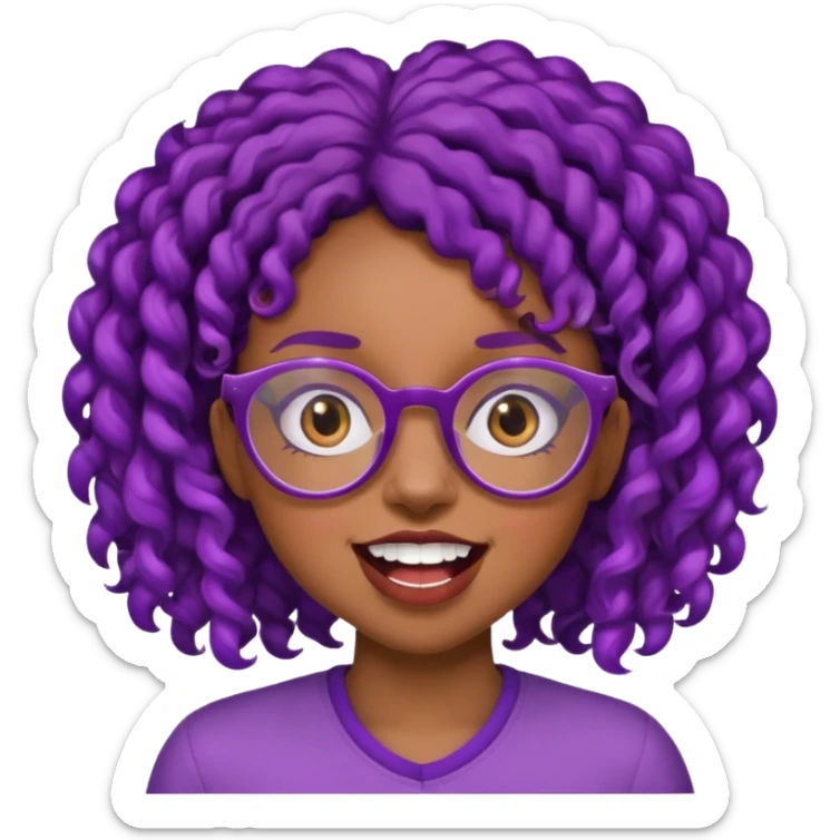 nerd emoji like with glasses showing only her 2 buck teeth but it’s a black girl with purple black curly hair face up only sticker