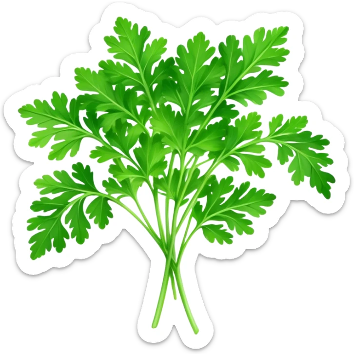 Cinematic Realistic Parsley Emoji, Fresh and vibrant, with bright green, frilly leaves that seem to shimmer with vitality. The plant exudes a sense of healthy growth and aromatic zest, inviting both beauty and flavor into any dish. Soft glowing outline, capturing the essence of freshness, health, and culinary delight in a sprig of parsley! sticker