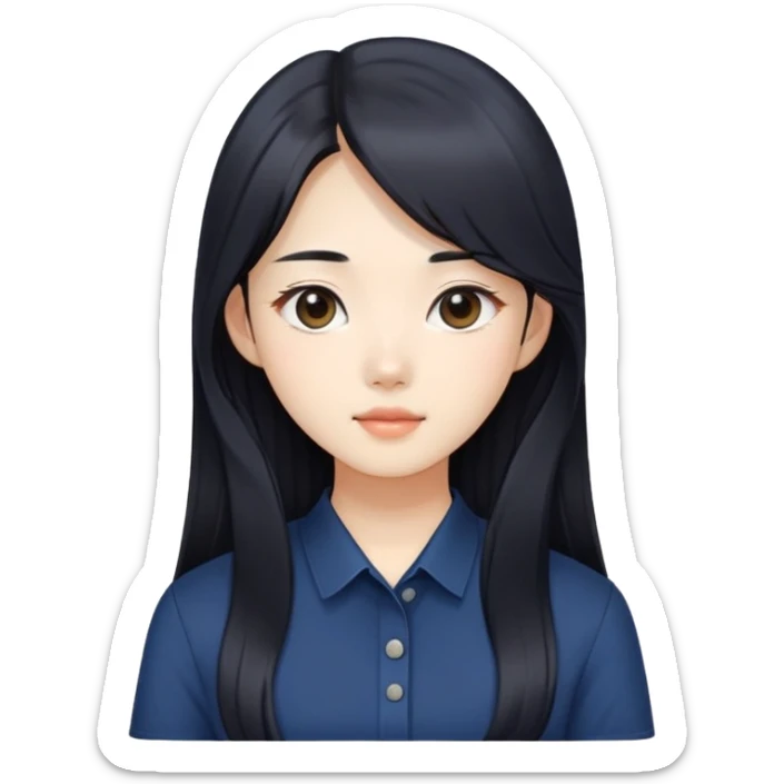beautician, pretty korean girl with black long hair wearing navy shirts, long face sticker