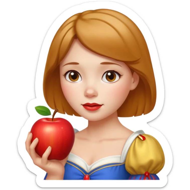 Create an emoji of Snow White holding a red apple, with short golden-brown hair. sticker