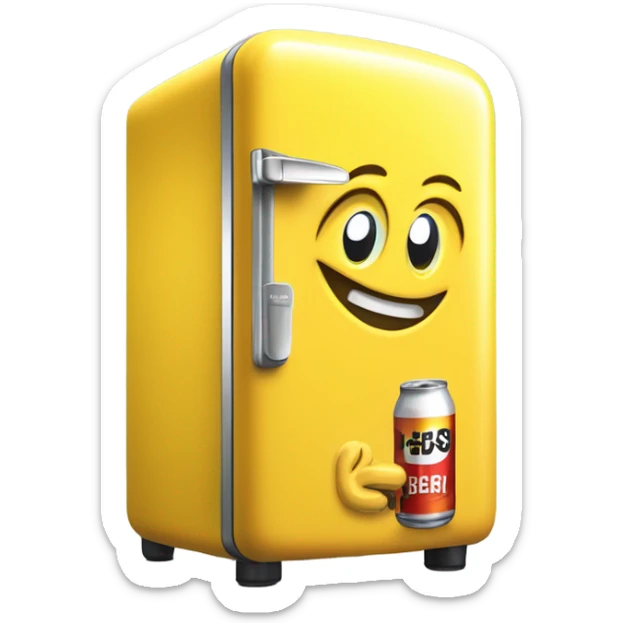 A 3D yellow mini fridge in emoji style, inspired by the sleek design of a Smeg fridge. The fridge door is slightly open, revealing a few beer cans inside. Add only two eyes on the fridge door for a mascot-like touch. Clean and minimalistic aesthetic. sticker