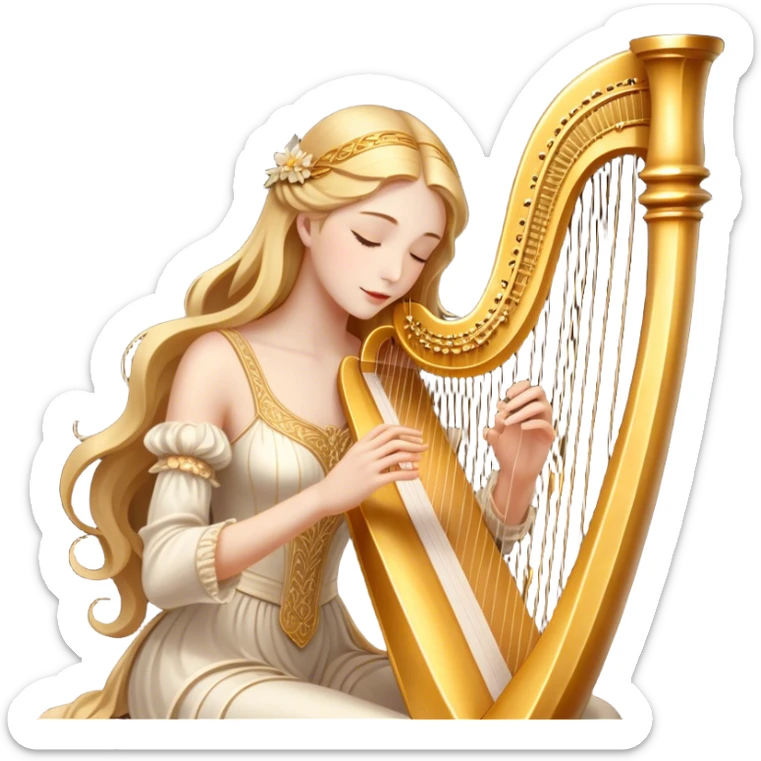 Cinematic Realistic Harp, a grand golden harp with intricately carved details, delicate strings shimmering under soft candlelight, rich wood tones adding warmth, a musician’s gentle fingers plucking a note, glowing with an ethereal and majestic aura. sticker