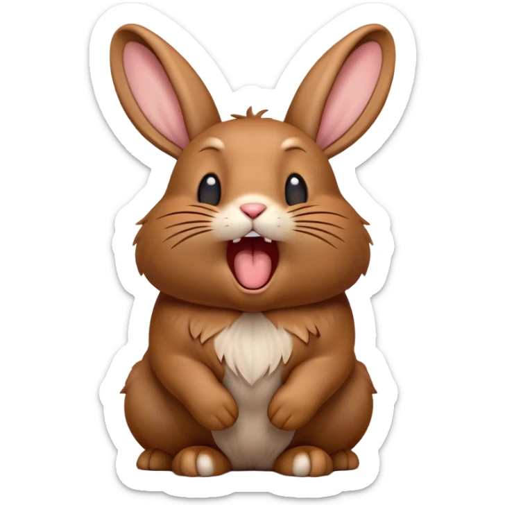 Cinematic Cute Yawning Brown Rabbit Portrait Emoji, Head tilted slightly with a dramatic, wide-open yawn, showcasing a smooth, rich brown fur with floppy ears, round brown eyes barely open in drowsy contentment, Simplified yet irresistibly adorable features, highly detailed, glowing with a soft, cozy glow, high shine, relaxed yet expressive, stylized with a touch of whimsy, bright and endearing, soft glowing outline, capturing the essence of a sleepy yet affectionate bunny, so drowsy it feels like it could stretch out of the screen and curl up for a nap! sticker