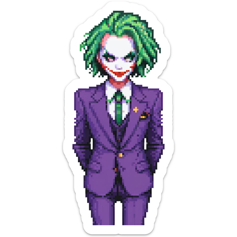 The Joker villain full body with green hair, purple suit, white face, red lips sticker