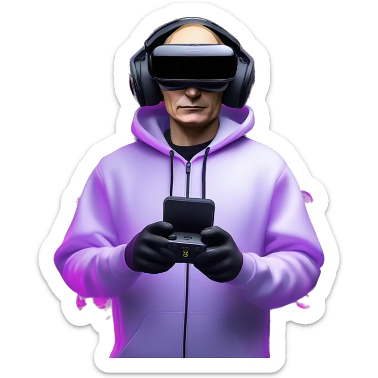 Vladimir Putin wearing a black hoodie with "OMG" letters on it and VR headset oculus quest 2 in a cyberpunk VR environment with violet neon lighting. sticker