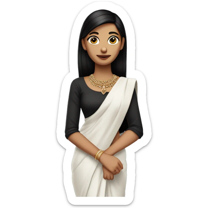 hair straight, black hair, white face colour, slender face, wearing a trendy saree and accessories, full body, sharp jawline, edgy sticker