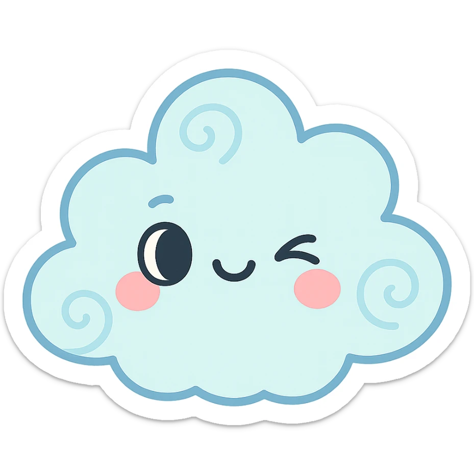 kawaii light blue cloud, soft swirls, cute wink, soft pastel colors, no limbs, full body, soft pastel kawaii style sticker