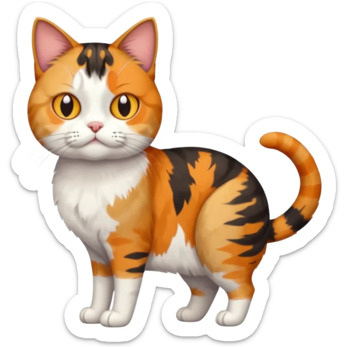 full body colourful calico tabby cat with skinny head and fat body with an anxious face sticker