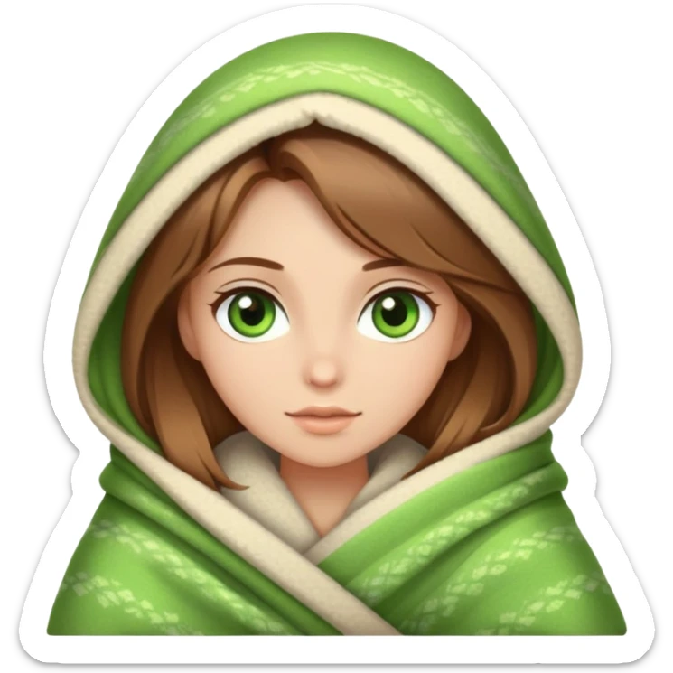 Beautiful girl with brown hair and blonde with green eyes wrapped in a blanket sticker