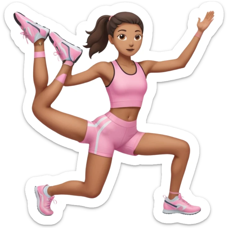 Mixed-race athletic woman with bronzed skin, slim thick, wearing pastel pink cycling shorts, stretching hamstrings sticker