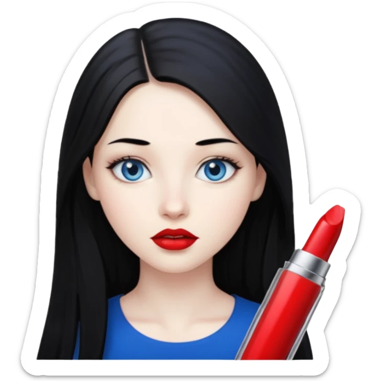20 yr old woman long straight black hair, pale skin, blue eyes, red lipstick sticker