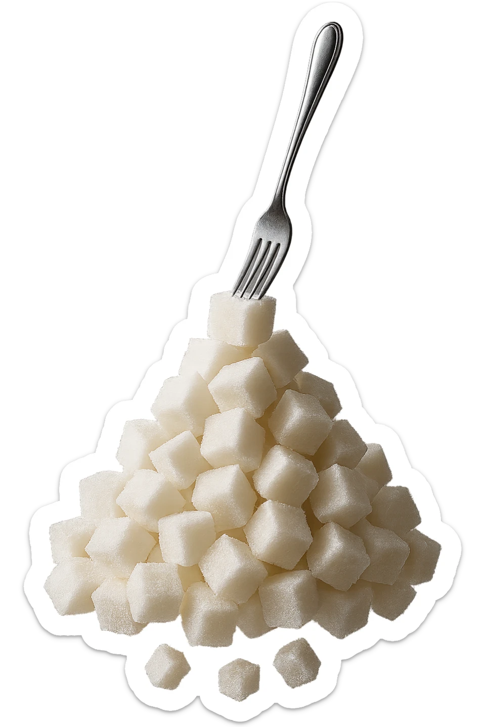 monagna di zollette di zucchero con una forchetta appizzata sopra, fluttuano in aria, iperrealistico 4k sticker