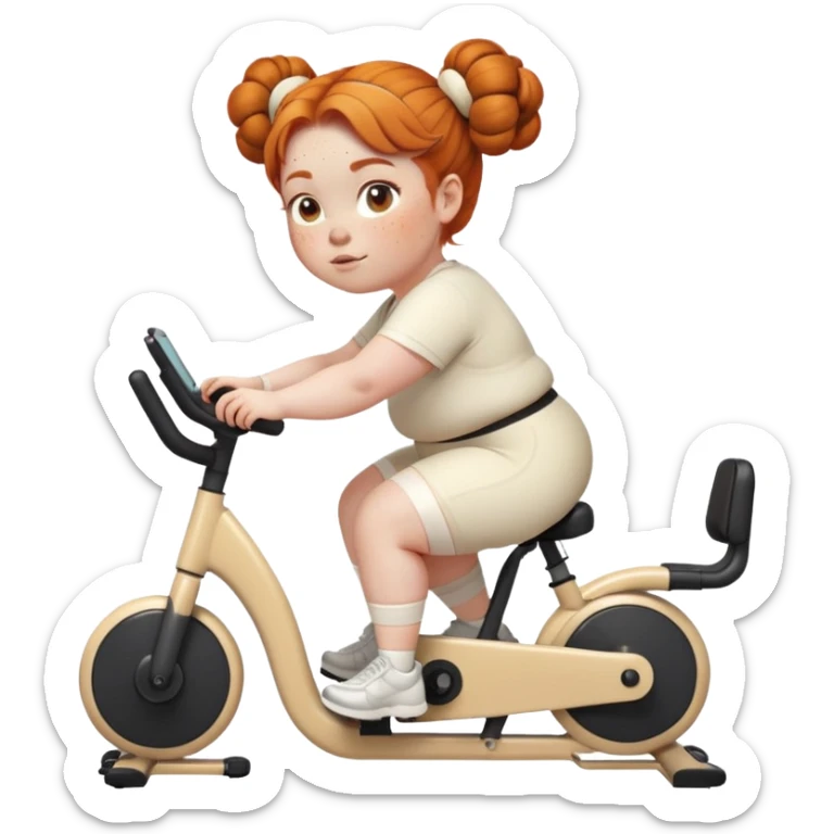 Fat Ginger girl freckles space buns riding stationary bike cream outfit sticker