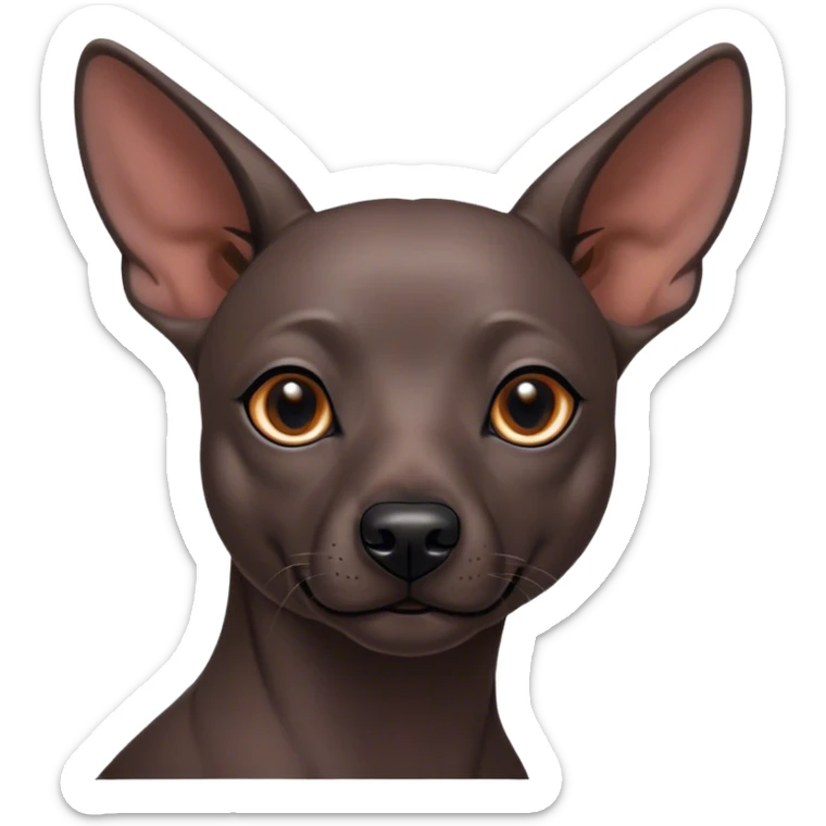 Cinematic Noble Xoloitzcuintle dog Portrait Emoji, Poised and regal, with a sleek, muscular build and smooth, hairless ebony skin accented by subtle wrinkles, deep-set soulful dark eyes, Simplified yet sharp and sophisticated features, highly detailed, glowing with a soft, dignified glow, high shine, intelligent and loyal, stylized with an air of ancient grace, focused and attentive, soft glowing outline, capturing the essence of a watchful and confident guardian, so majestic it feels as though it could stride out of the screen with effortless authority! sticker