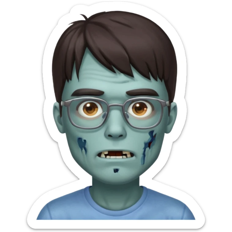 an emoji of a male zombie with dark brown hair and bangs that cover your entire forehead and extend to your eyebrows, wearing square, bluish glasses. sticker