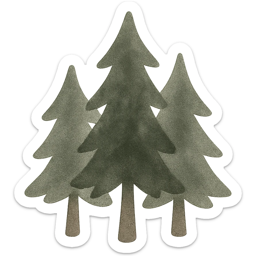 logo illustration of evergreen trees in folk art style, dark neutral forest color tones, watercolor texture with outlines, suitable for favicon sticker