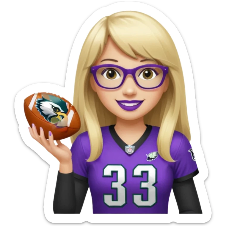 full length women wearing eagles uniform, long blonde hair, blunt bangs, black glasses, holding football, number 33, smiling, purple lipstick sticker
