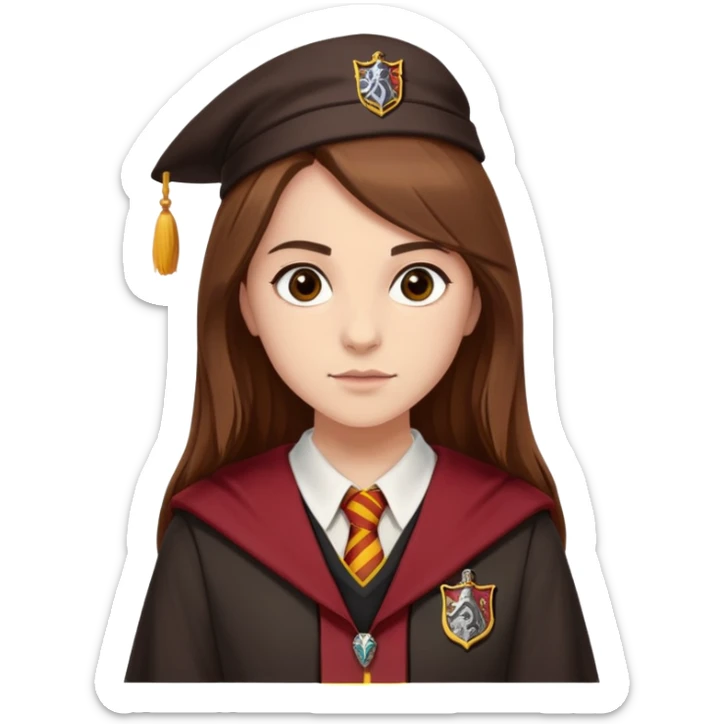 Georgina Leonidas is Katie Bell in harry potter, wear hogwarts gryfindor uniform, medium-to-long, straight brown hair, a practical and natural look, light skin sticker