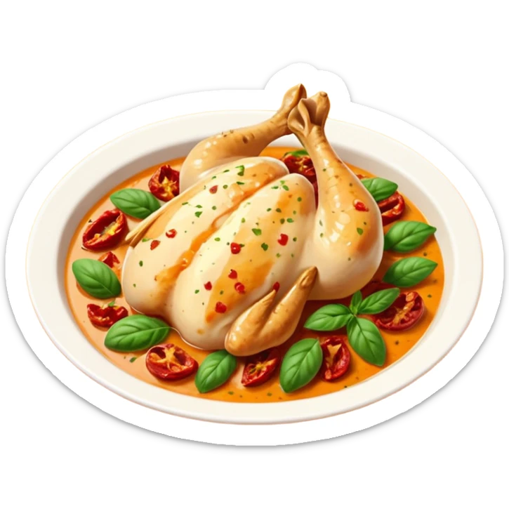 close-up of Marry Me Chicken juicy chicken in creamy orange-tinted sauce with sun-dried tomatoes and green herbs sticker