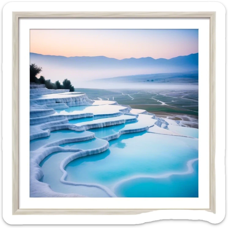 Cinematic Realistic Pamukkale Landmark Emoji, showcasing surreal cascading terraces of thermal waters rendered with ethereal textures and soft, luminous lighting. sticker