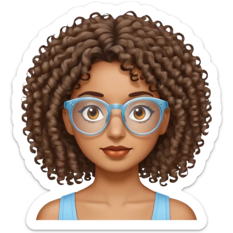 Chica morena cabello crespo con lentes transparentes y ojos cafés y blusa  de tiras color azul claro. sticker