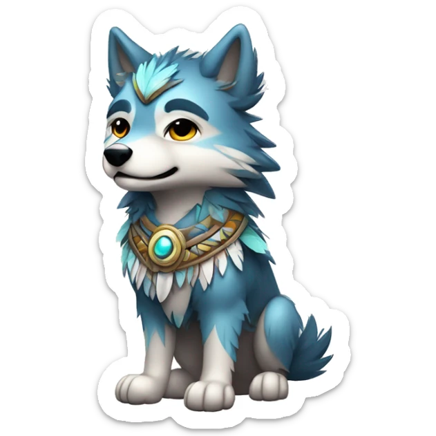 Fluffy Shy Chibi Spiritual Shamanic Wolf With Shiny Tribal Markings wearing feathers Full Body sticker