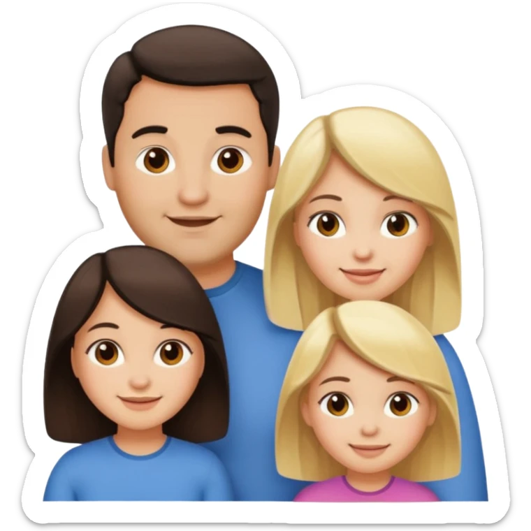 Familia de 4 personas sonriendo: Hombre gordito pelo oscuro, Mujer pelo cafe, hija 1 pelo mono e hija 2 pelo oscuro.sólo 4 personas. sticker