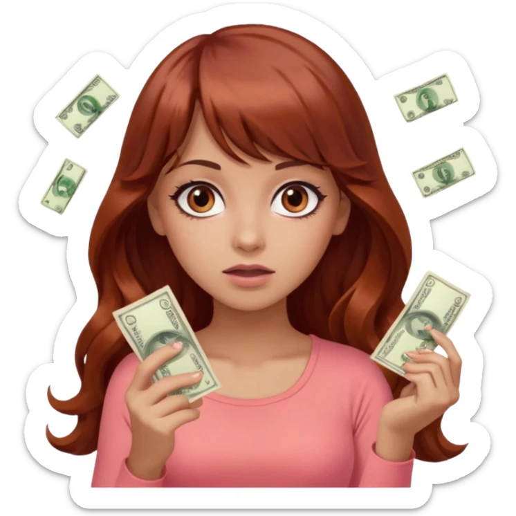 emoji of a beautiful woman with an arrogant expression, light tanned skin, big black eyes, long wavy reddish-brown hair with bangs, wearing a pink top, coral color theme, throwing money around sticker