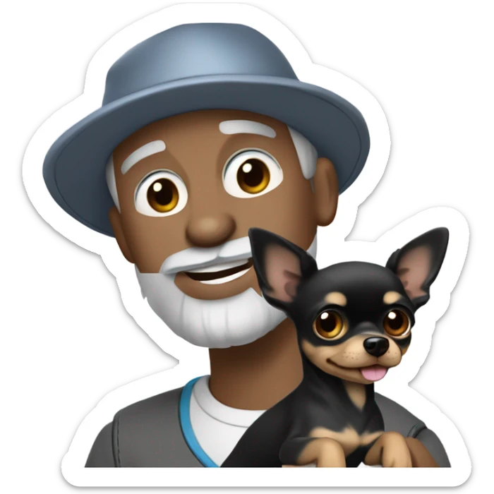 blue eyed man gray hair gray goatee wearing ball cap holding black long haired chihuahua sticker