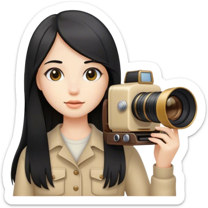 girl photographer with black long straight hair and beige camera sticker