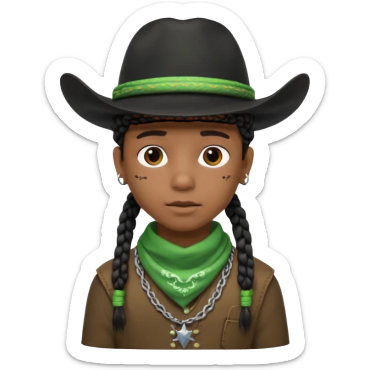 Black boy with short box beaids wearing a black cowboy hat with green bandana around his neck sticker