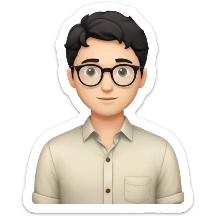 Young caucasian man with black wavy hair, round glasses, torso only, wearing relaxed buttoned-up shirt without a tie sticker