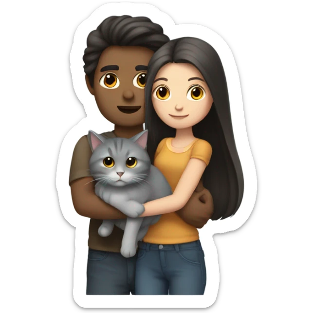 man with long dark hair and brunette girl with grey cat in her arms sticker