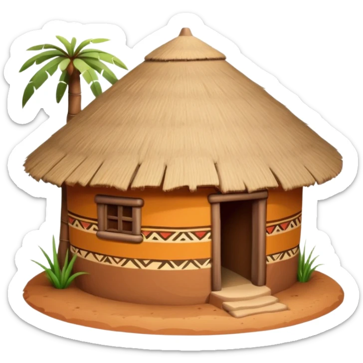 African mud hut tribal house, round adobe clay house, thatched roof, warm sunlight, colorful tribal patterns, cute mobile game icon, 3D cartoon, high detail, clean background sticker