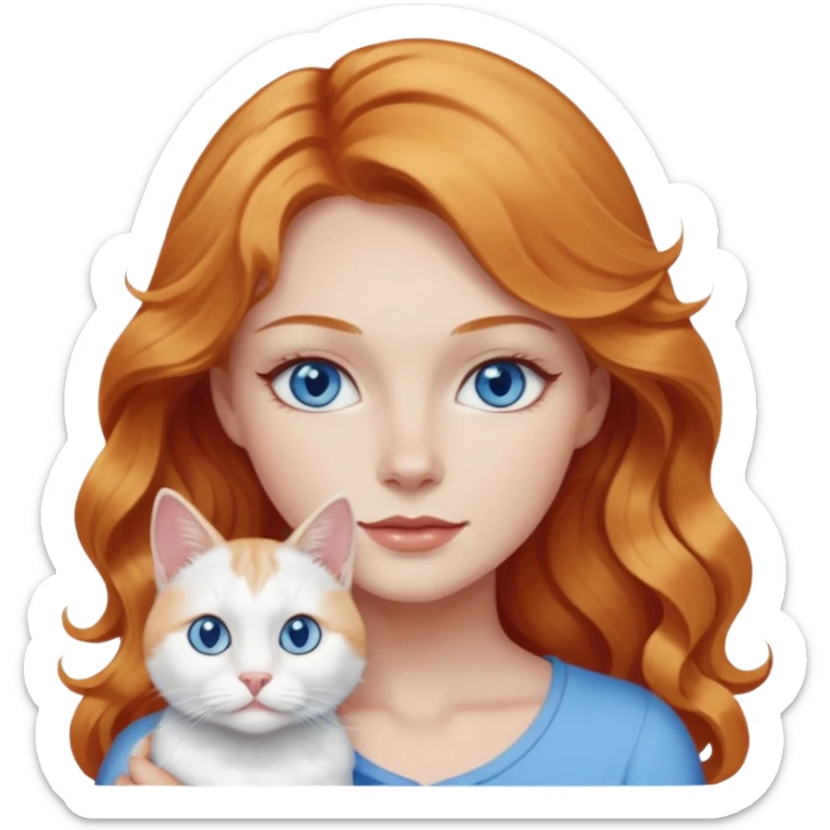 Long wavy strawberry blonde blue eyes woman with a white cat with blue eyes sticker