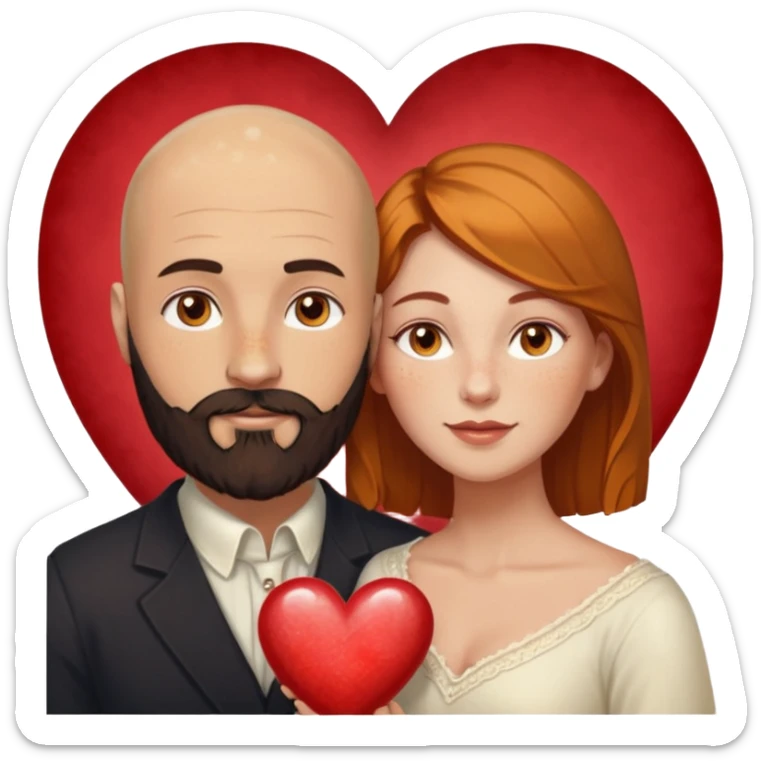 Couple. Bald man with dark brown-black beard. White woman with many small, faded freckles, white skin and she has auburn-yellow-brown-caramel, dark hair. She has light orange-brown eyes. The man have hazel eyes. They are inside one big heart. Retro style. sticker