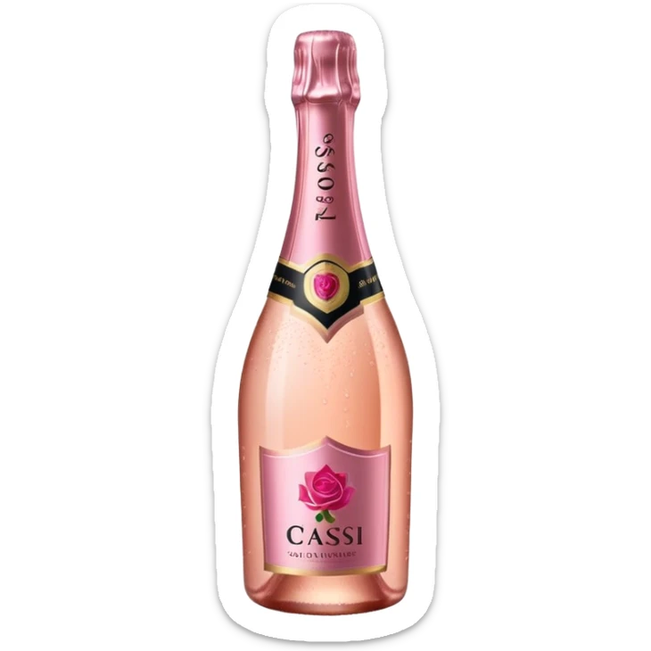 bottle of sparkling rosé champagne with a rose logo on the label, tilted up and to the right, no glass sticker