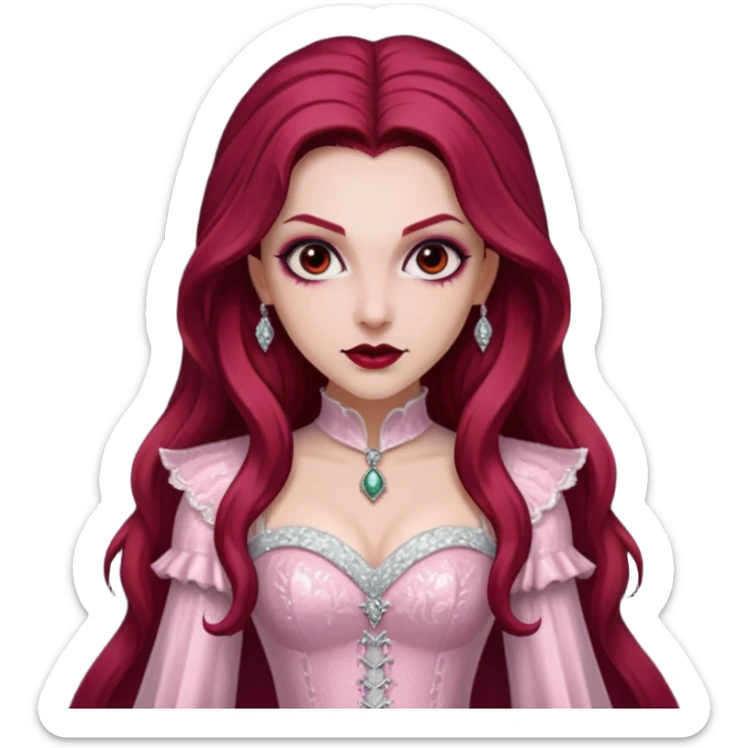 Aleera, Bride of Dracula from Van Helsing with long dark red hair, light pink sequin outfit sticker