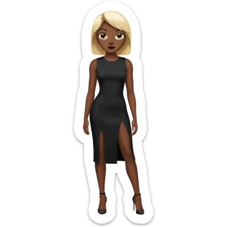 Blonde woman, black, tight, sleveless Dress, Slot left Leg,man black cut sticker