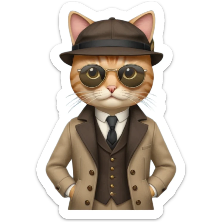 Cat wearing sunglasses and a peaky blinders hat, along with a waistcoat and over coat.
Peaky blinders style sticker