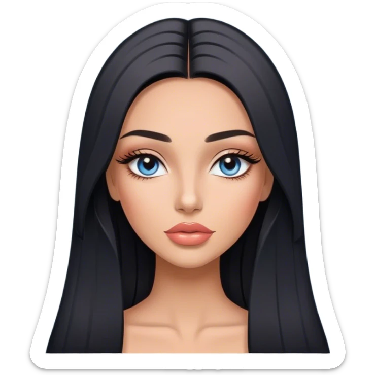Glamours, tanned, very beautiful girl, with big pump peach-beige-rose lips, long long lashes, black straight smooth silky long hair, straight parting hair, blue-grey eyes sticker