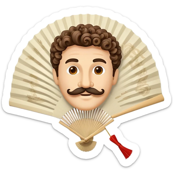 Paper hand fan with Italian man face with curly mustache printed on the fan surface sticker