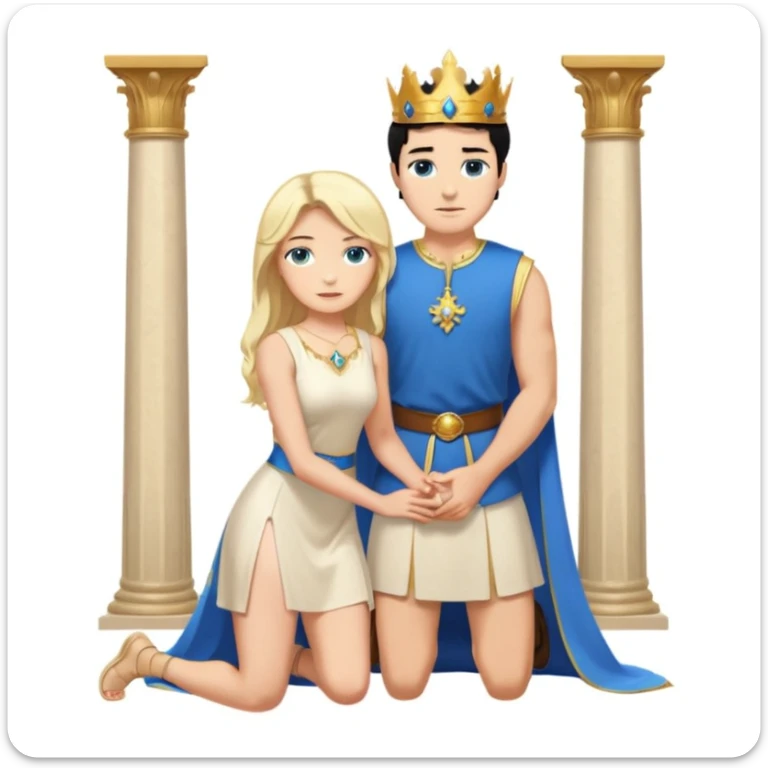 Man as king, black Hair, blue eyes, woman, blonde, green eyes, shott white sleveless Dress, kneeling, background palace sticker