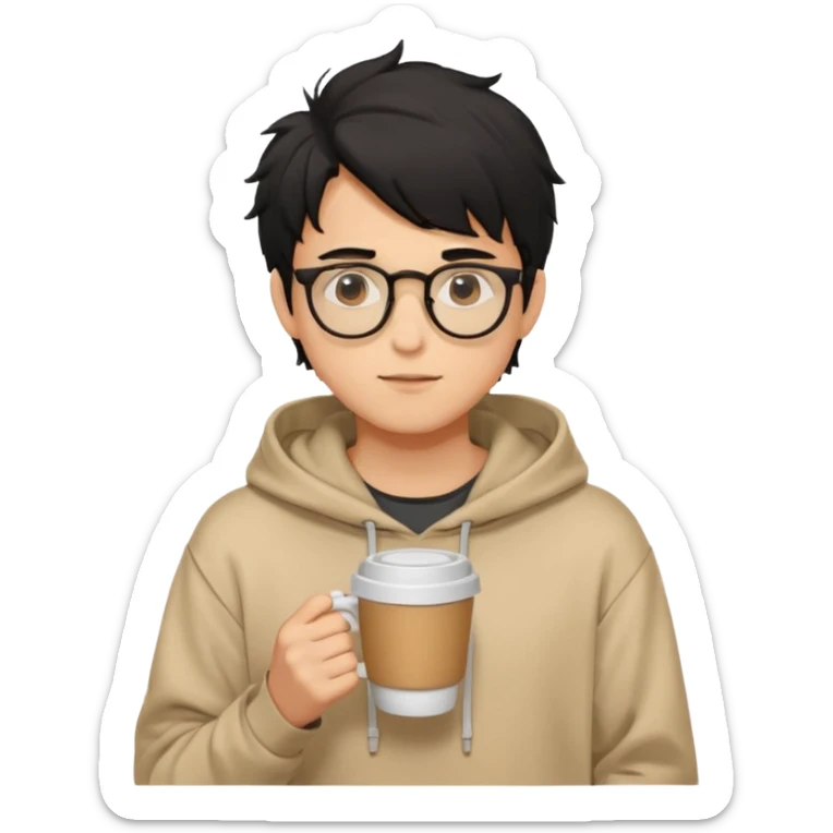 a light tan handsome boy with messy a black hair and spectacles. wearing a beige oversized and loose hoodie with a coffee in hand sticker